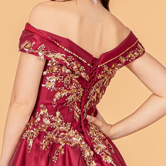 NEW OFF THE SHOULDER SLEEVELESS EMBROIDERED BALL GOWN WITH LACE UP BACK GL3098 - Picture 12 of 13